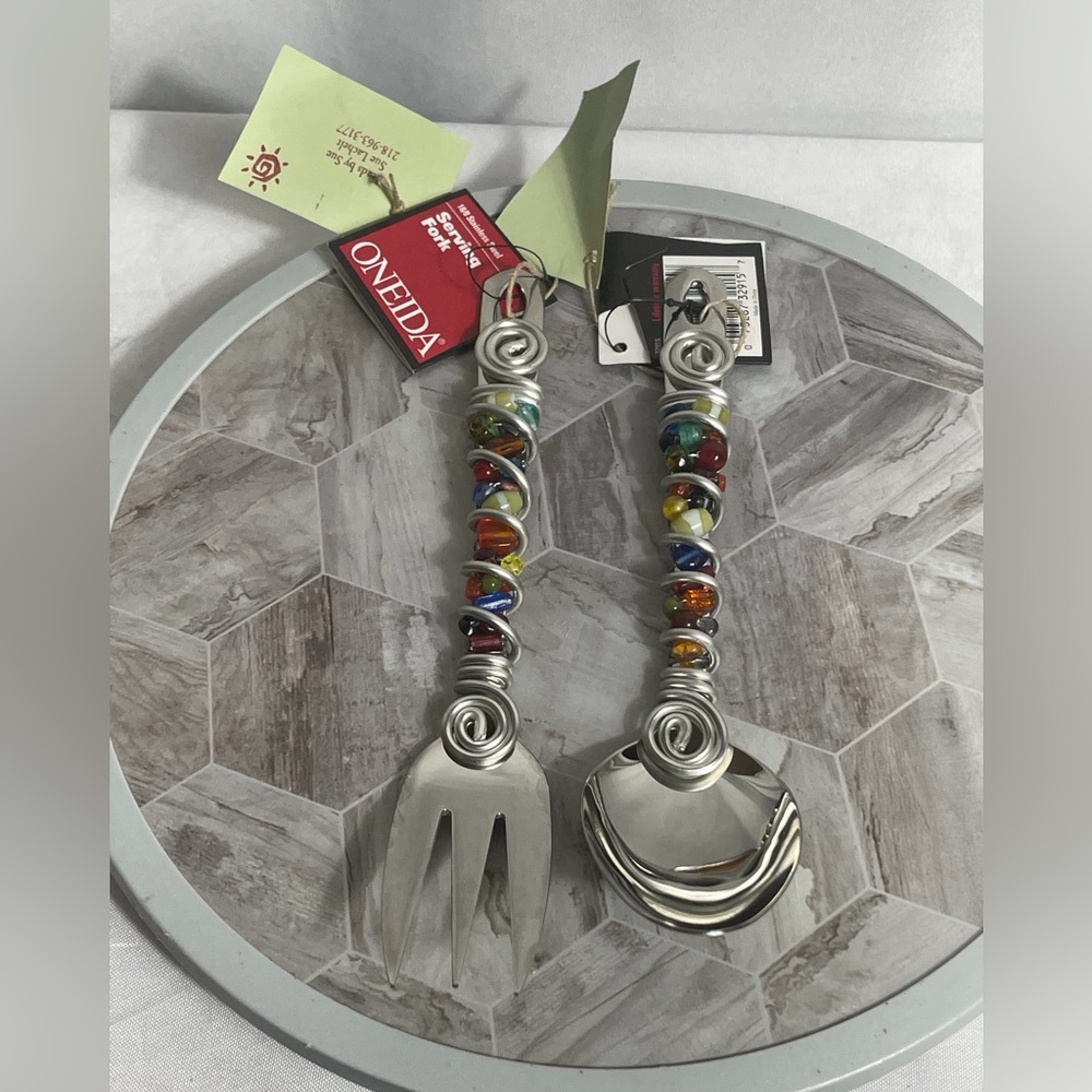 Vintage 1999 Oneida 18/8 Beaded Handle Serving Spoon Fork Set